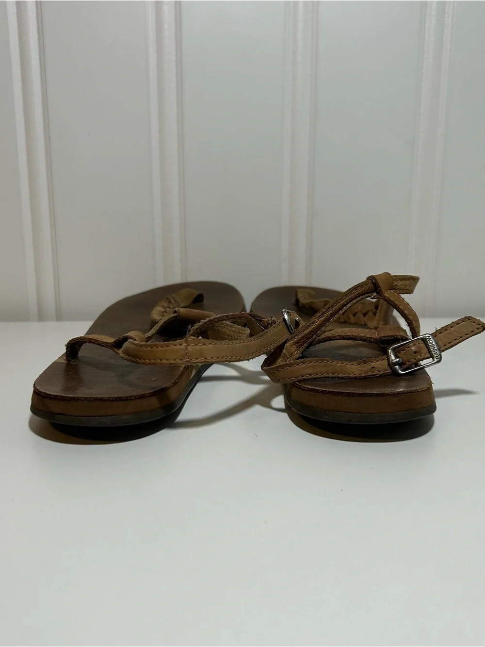 Rainbow thong ankle strap Women’s Brown Leather Braided Toe-Post Sandals